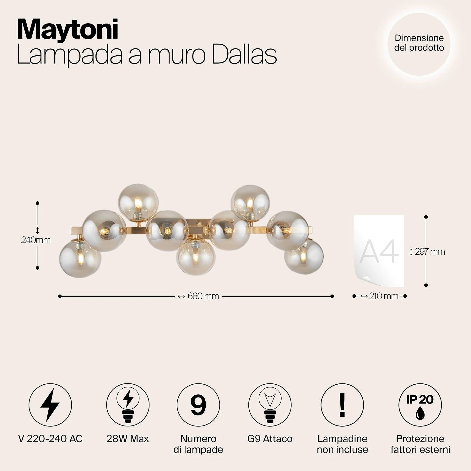 Бра Modern Dallas, 9xG9 Золото, Янтарный (Maytoni, MOD547WL-09G) - Amppa.ru